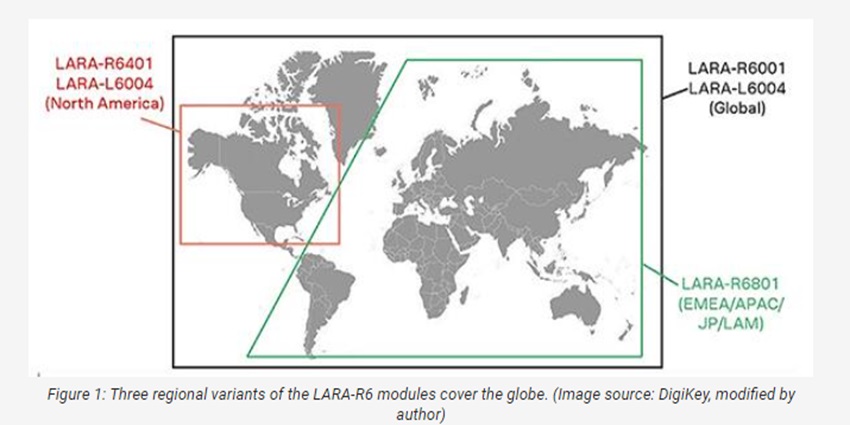 Three regional variants of the LARA-R6 modules cover the globe